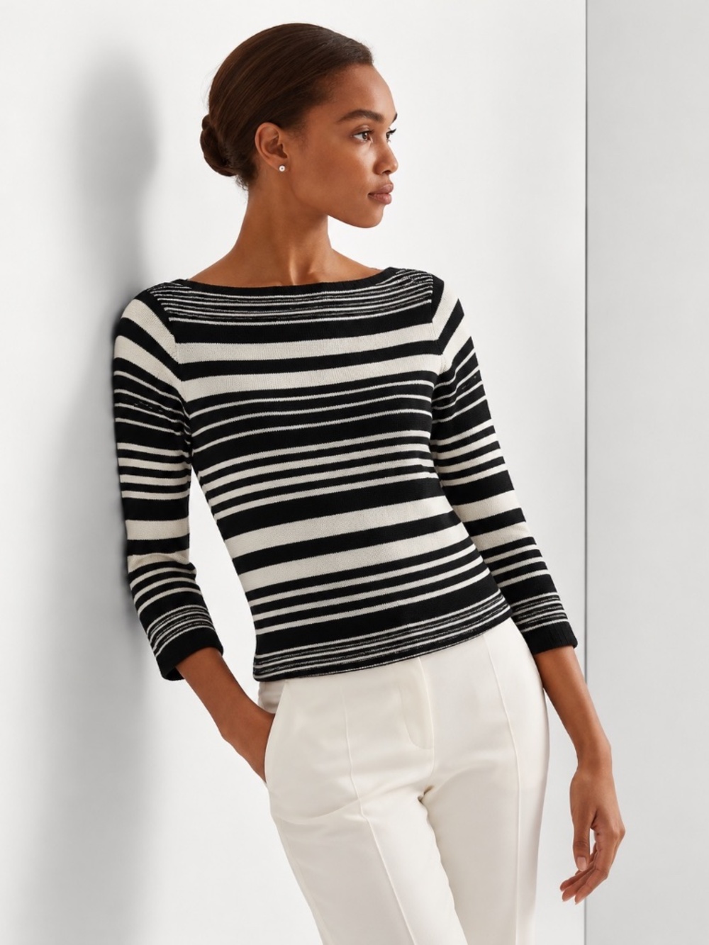 Lauren Ralph Lauren NWT Linen Cotton Striped Boatneck Sweater Black Ivory Size M